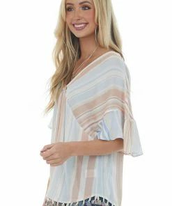 Kori America Cognac And Blue Striped Blouse With Tassel Hem Tops