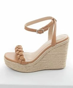 CCOCCI Cognac Faux Leather Braided Espadrille Wedges Shoes