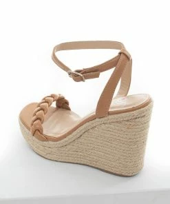 CCOCCI Cognac Faux Leather Braided Espadrille Wedges Shoes
