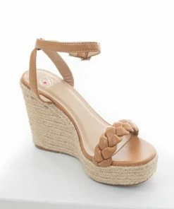 CCOCCI Cognac Faux Leather Braided Espadrille Wedges Shoes