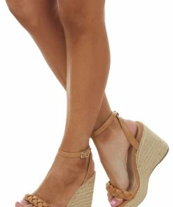 CCOCCI Cognac Faux Leather Braided Espadrille Wedges Shoes