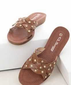 Chinese Laundry Shoes Cognac Slip On Sandals With Gold Stud Details