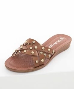 Chinese Laundry Shoes Cognac Slip On Sandals With Gold Stud Details