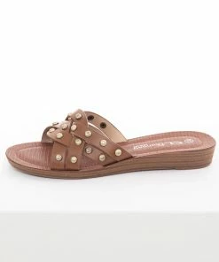 Chinese Laundry Shoes Cognac Slip On Sandals With Gold Stud Details