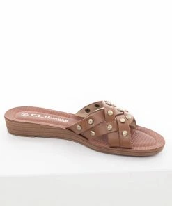 Chinese Laundry Shoes Cognac Slip On Sandals With Gold Stud Details