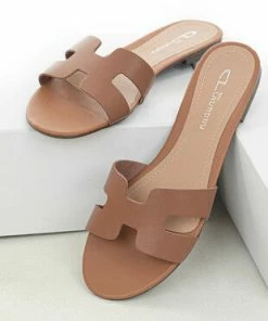 Chinese Laundry Cognac Leather Geometric Strap Flat Sandals Shoes