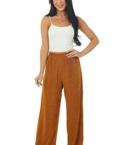 Ces Femme Copper Elastic Waist Wide Leg Ribbed Pants