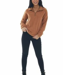 Shewin Copper Half Zipper Pullover Fleece Sweatshirt Tops
