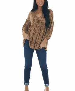 IWT Brands Copper Leopard Print V Neck Babydoll Knit Top Tops