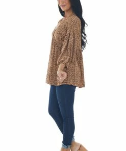 IWT Brands Copper Leopard Print V Neck Babydoll Knit Top Tops