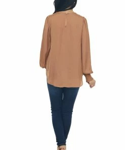 Peach Love Copper Silky Smocked Cuff Curved Hem Blouse Tops