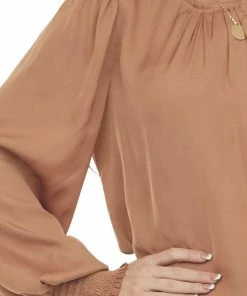 Peach Love Copper Silky Smocked Cuff Curved Hem Blouse Tops