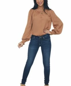 Peach Love Copper Silky Smocked Cuff Curved Hem Blouse Tops