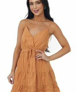 Very J Copper Surplice Tiered Drawstring Cami Dress Dresses
