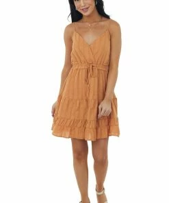 Very J Copper Surplice Tiered Drawstring Cami Dress Dresses