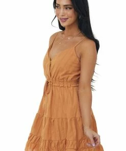 Very J Copper Surplice Tiered Drawstring Cami Dress Dresses