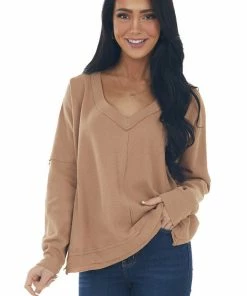 Umgee Tops Copper V Neck High Low Hem Thermal Knit Top