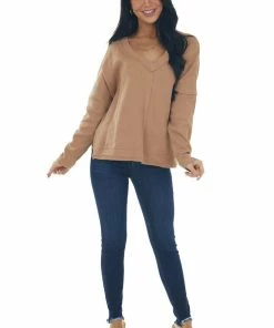 Umgee Tops Copper V Neck High Low Hem Thermal Knit Top