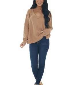 Umgee Tops Copper V Neck High Low Hem Thermal Knit Top