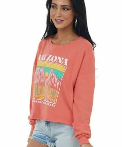 Trend Notes Coral Arizona Graphic Sweatshirt With Rolled Hemline Tops