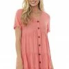 Ces Femme Coral Button Down Crinkle Tiered Short Dress