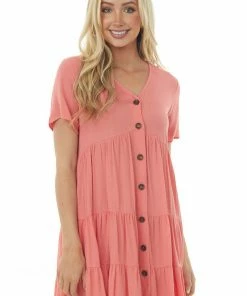 Ces Femme Coral Button Down Crinkle Tiered Short Dress