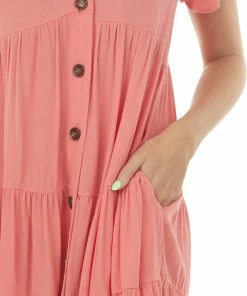 Ces Femme Coral Button Down Crinkle Tiered Short Dress