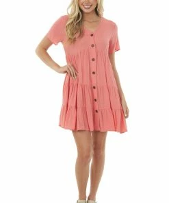 Ces Femme Coral Button Down Crinkle Tiered Short Dress