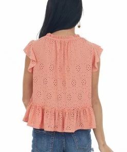 Ces Femme Tops Coral Cap Sleeve Peplum Eyelet Lace Knit Top 12 Ces Femme Tops Coral Cap Sleeve Peplum Eyelet Lace Knit Top