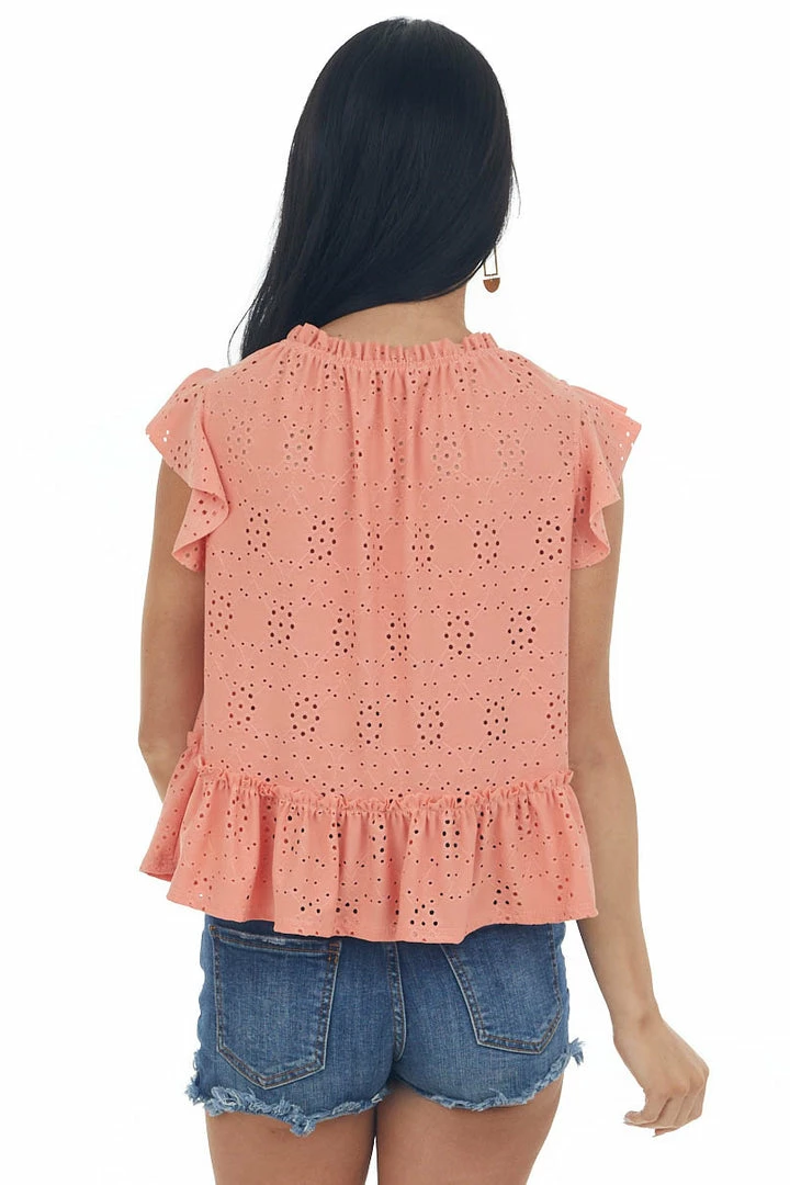 Ces Femme Tops Coral Cap Sleeve Peplum Eyelet Lace Knit Top 7 Ces Femme Tops Coral Cap Sleeve Peplum Eyelet Lace Knit Top