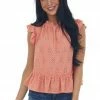 Ces Femme Tops Coral Cap Sleeve Peplum Eyelet Lace Knit Top