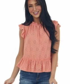 Ces Femme Tops Coral Cap Sleeve Peplum Eyelet Lace Knit Top