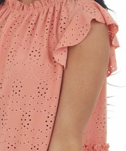 Ces Femme Tops Coral Cap Sleeve Peplum Eyelet Lace Knit Top 13 Ces Femme Tops Coral Cap Sleeve Peplum Eyelet Lace Knit Top