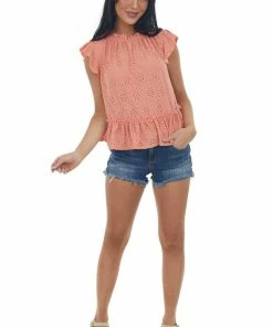 Ces Femme Tops Coral Cap Sleeve Peplum Eyelet Lace Knit Top 10 Ces Femme Tops Coral Cap Sleeve Peplum Eyelet Lace Knit Top