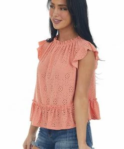 Ces Femme Tops Coral Cap Sleeve Peplum Eyelet Lace Knit Top 11 Ces Femme Tops Coral Cap Sleeve Peplum Eyelet Lace Knit Top