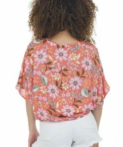 Cozy Co. Coral Floral Button Up Front Tie Short Sleeve Top