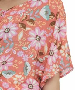 Cozy Co. Coral Floral Button Up Front Tie Short Sleeve Top
