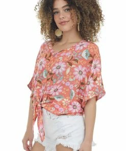 Cozy Co. Coral Floral Button Up Front Tie Short Sleeve Top
