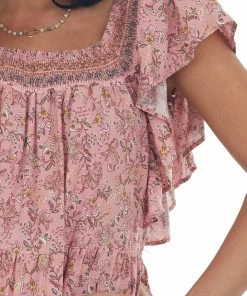 Davi & Dani Coral Floral Drop Waist Smocked Neck Blouse 13 Davi & Dani Coral Floral Drop Waist Smocked Neck Blouse