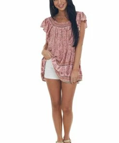 Davi & Dani Coral Floral Drop Waist Smocked Neck Blouse 9 Davi & Dani Coral Floral Drop Waist Smocked Neck Blouse