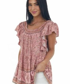 Davi & Dani Coral Floral Drop Waist Smocked Neck Blouse 11 Davi & Dani Coral Floral Drop Waist Smocked Neck Blouse