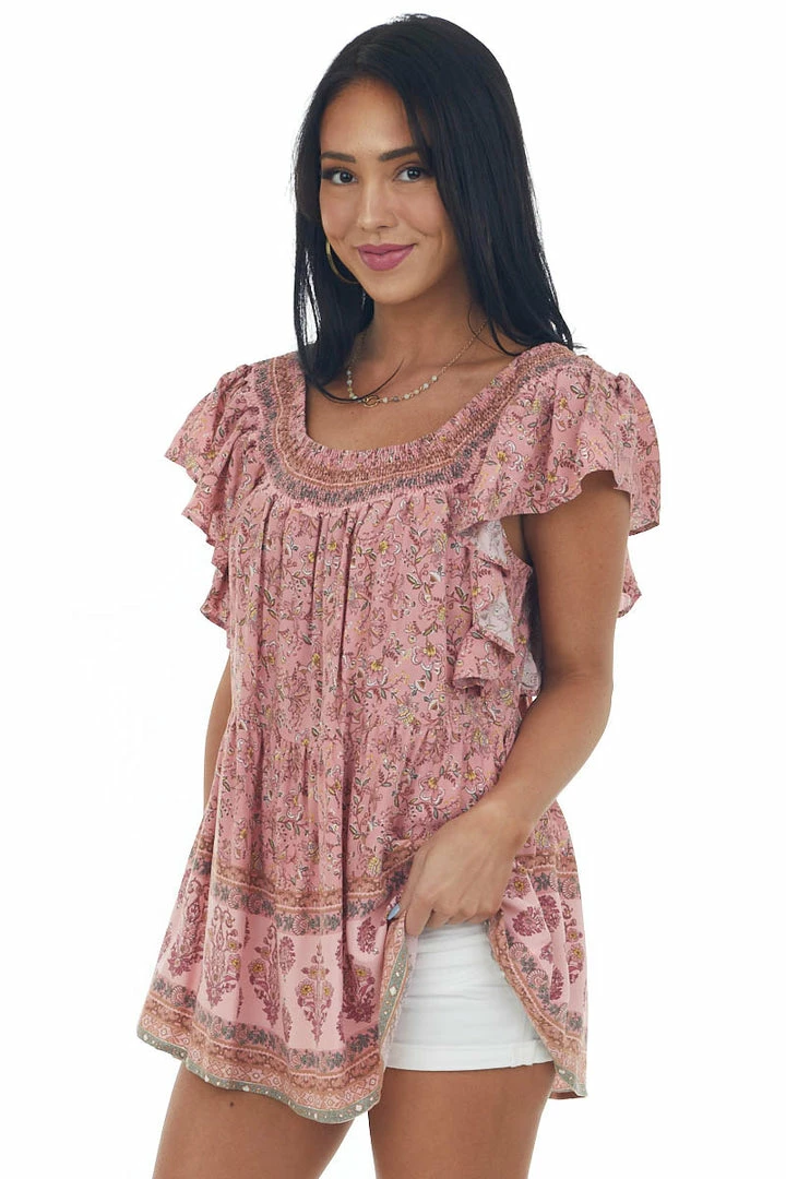 Davi & Dani Coral Floral Drop Waist Smocked Neck Blouse 6 Davi & Dani Coral Floral Drop Waist Smocked Neck Blouse