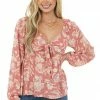 Vanilla Bay Trends Coral Floral Long Sleeve Front Tie Blouse