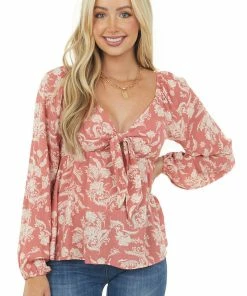 Vanilla Bay Trends Coral Floral Long Sleeve Front Tie Blouse