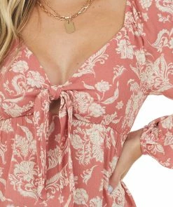Vanilla Bay Trends Coral Floral Long Sleeve Front Tie Blouse