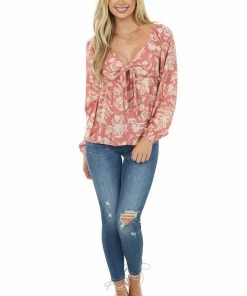 Vanilla Bay Trends Coral Floral Long Sleeve Front Tie Blouse