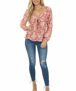 Vanilla Bay Trends Coral Floral Long Sleeve Front Tie Blouse