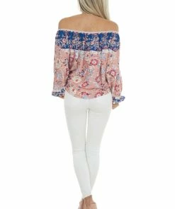 Umgee Coral Floral Print Long Bubble Sleeve Off Shoulder Woven Top Tops