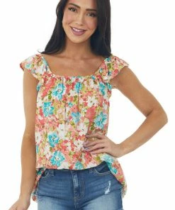 First Love Coral Floral Print Ruffle Short Sleeve Woven Top