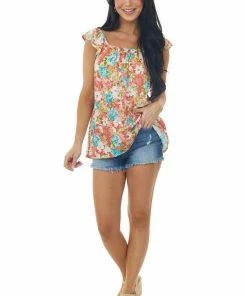 First Love Coral Floral Print Ruffle Short Sleeve Woven Top